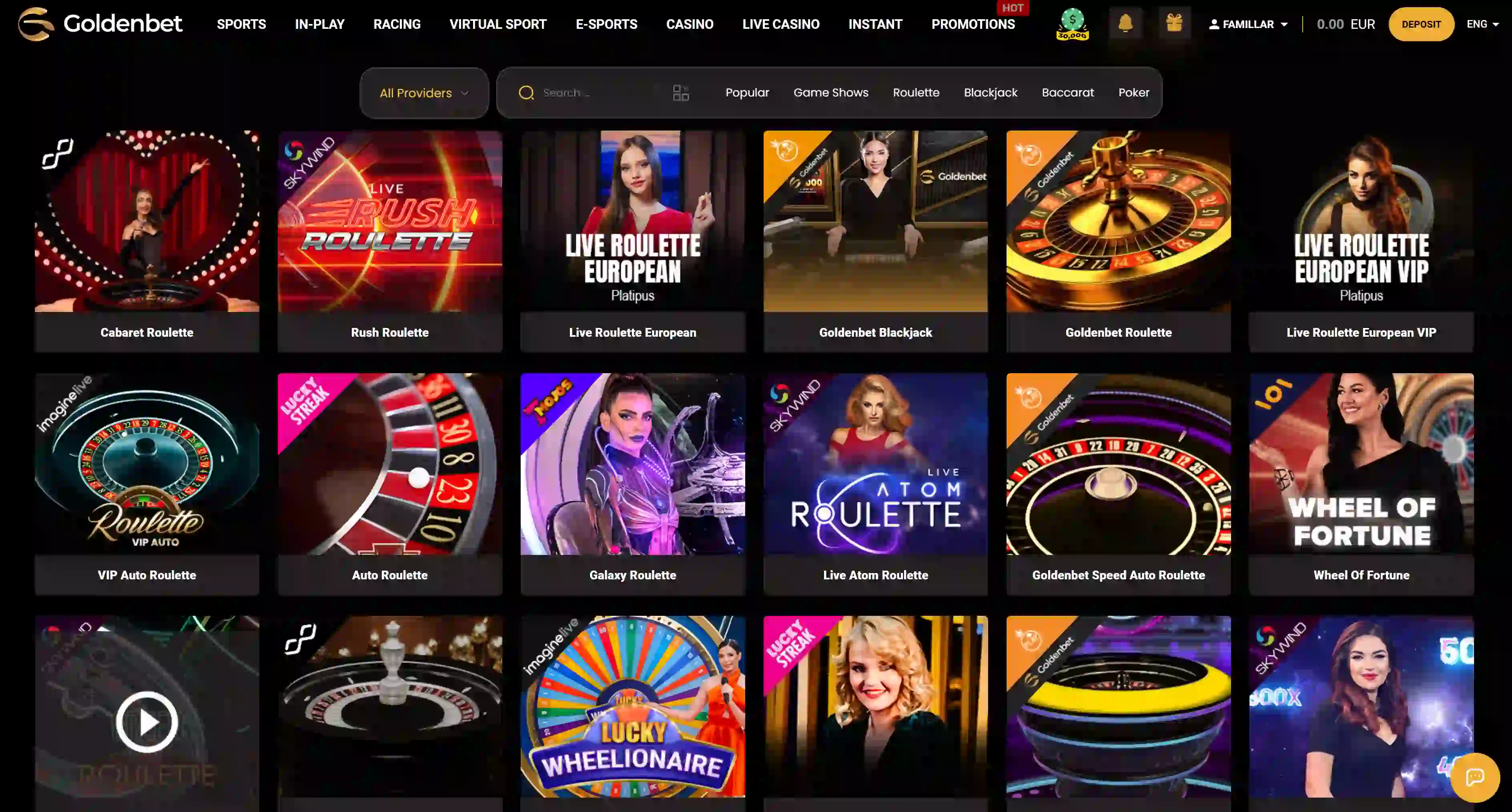 Goldbet Live Casino szekció a rulett és blackjack asztalokkal