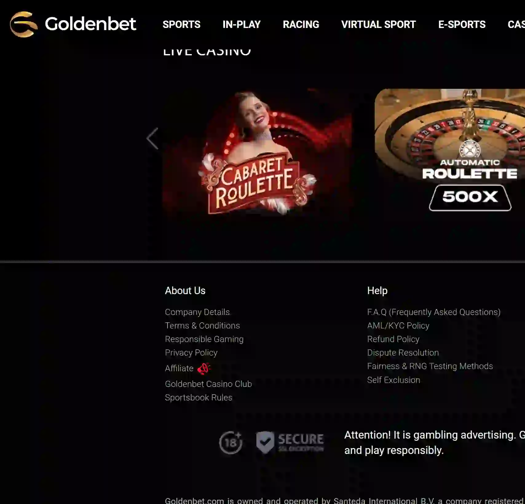 Goldbet footer biztonsági szekció 18+ jelöléssel, SSL Encryption és CGA tanúsítvánnyal